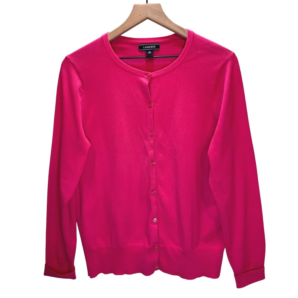Lands' End Cardigan Women Medium Pink Button‎ Front Crew Neck Cotton Blend Knit